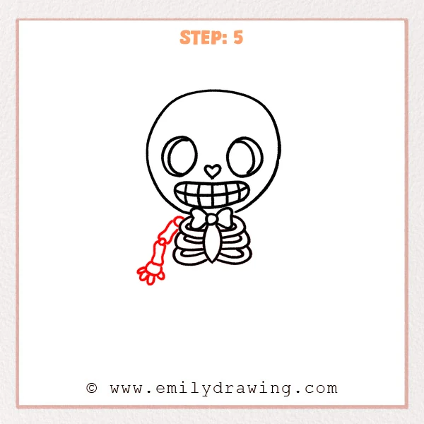 how to draw a cartoon skeleton - A cartoon skeleton head and ribcage with a bow tie, now featuring a curved left arm made of segmented bones and a small open hand.